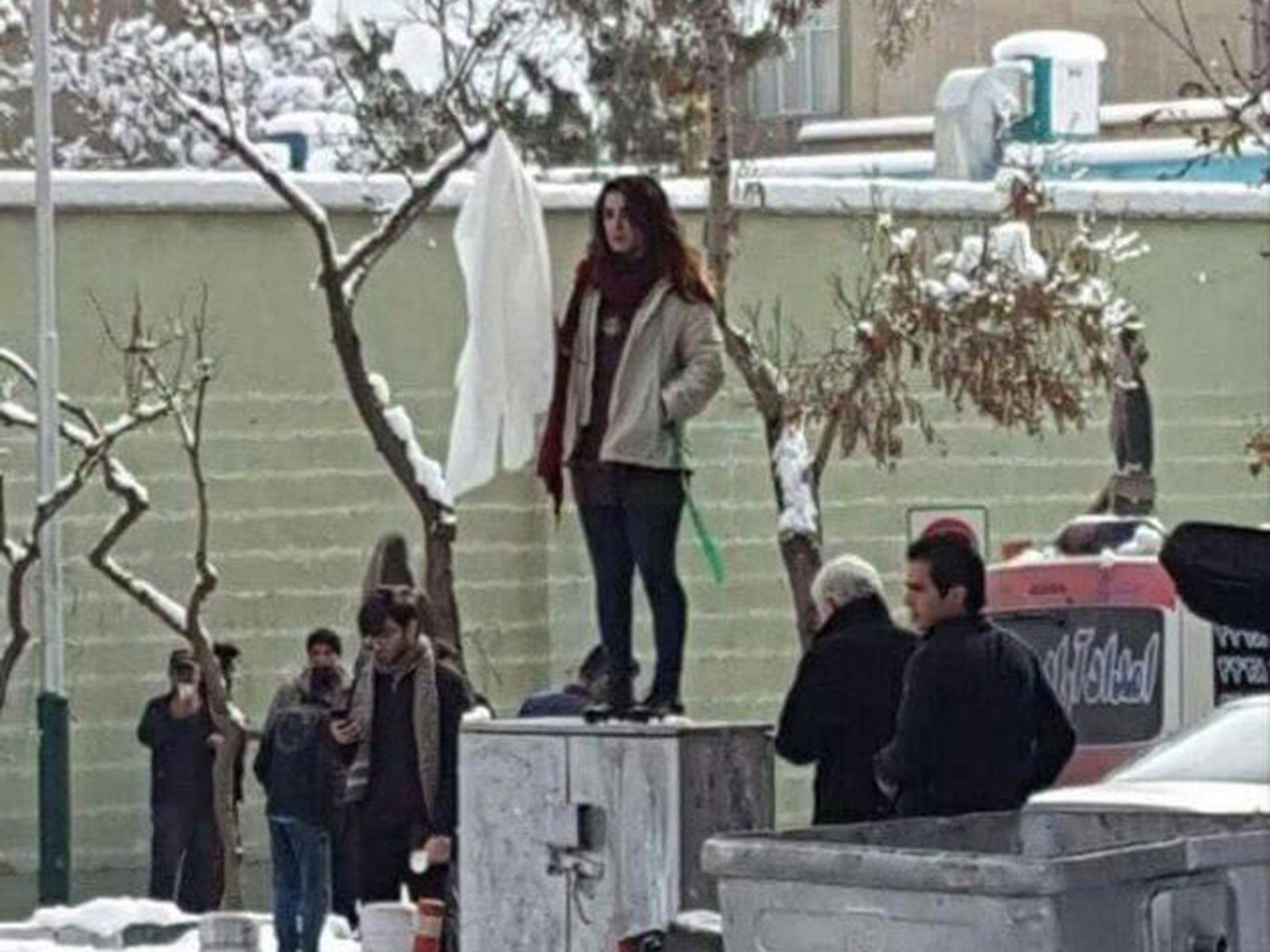 Protest thought to be inspired by Narges Hosseini, who was detained in January within 10 minutes of removing her veil in apparent solidarity with 'Girl of Enghelab Street'