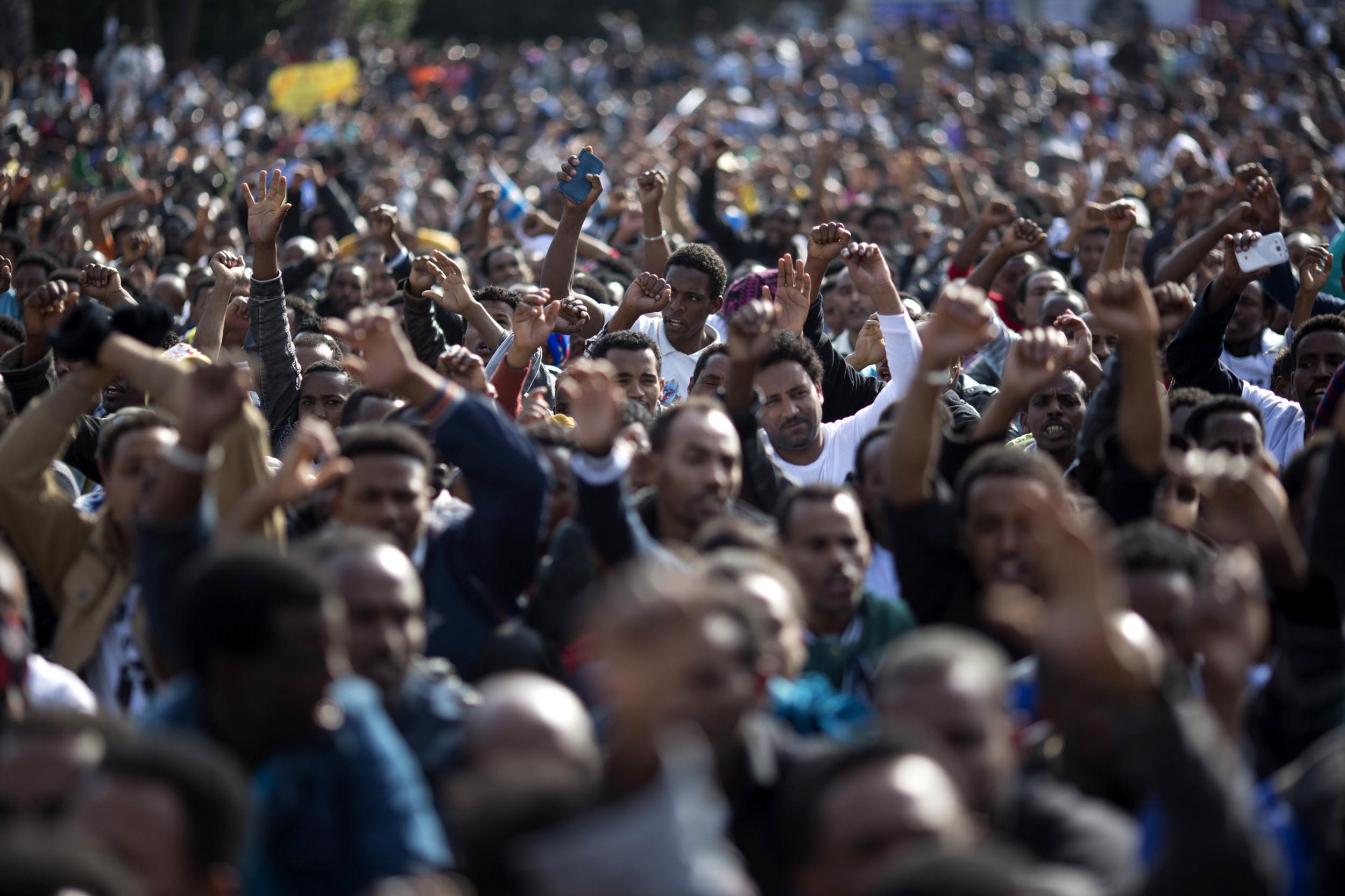 African migrants protest about the deportation plans in Rabin Square, Tel Aviv