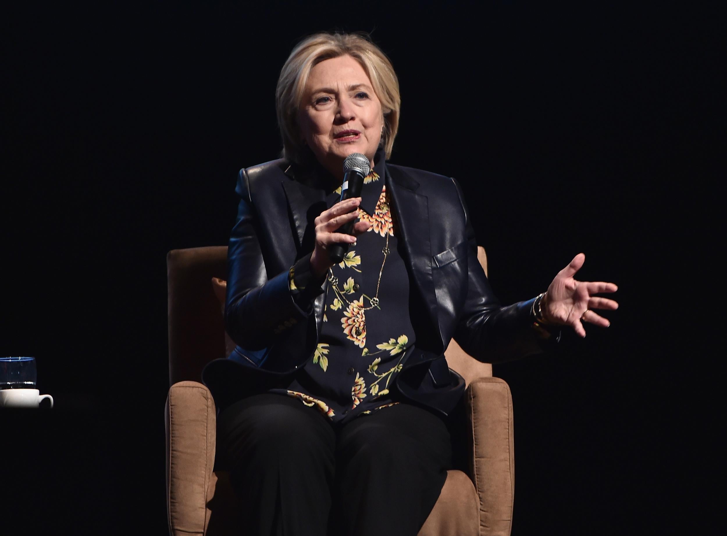 Hillary Clinton speaks onstage at LA Promise Fund's 'Girls Build Leadership Summit' at Los Angeles Convention Center