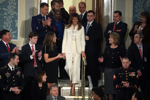 First lady Melania Trump arrives for the State of the Union address in the chamber of the US House of Representatives