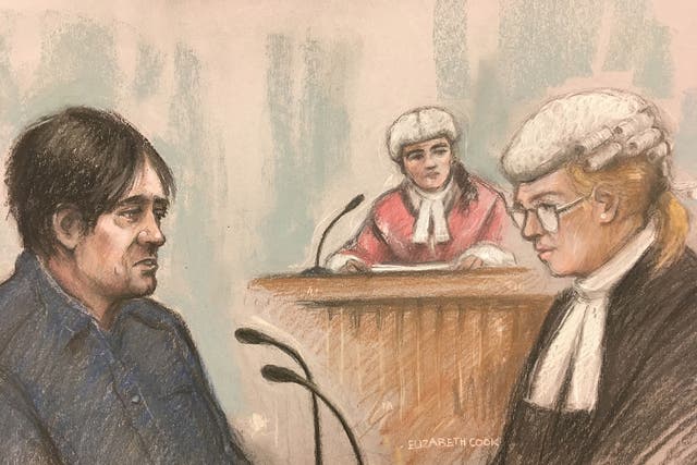 Court artist sketch of Darren Osborne in the witness box with defence barrister Lisa Wilding QC
