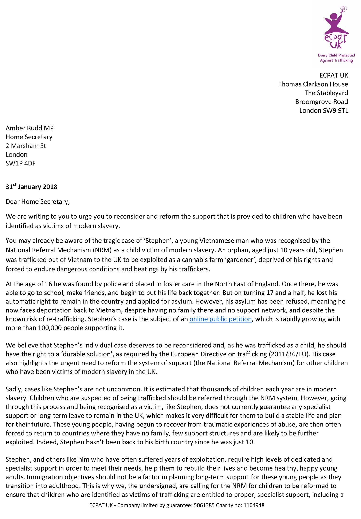 Page 1 of the letter from charities sent to Amber Rudd regarding modern slavery