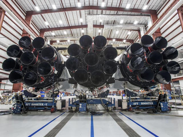 Falcon 9 rocket, in a hangar at Cape Canaveral, Fla