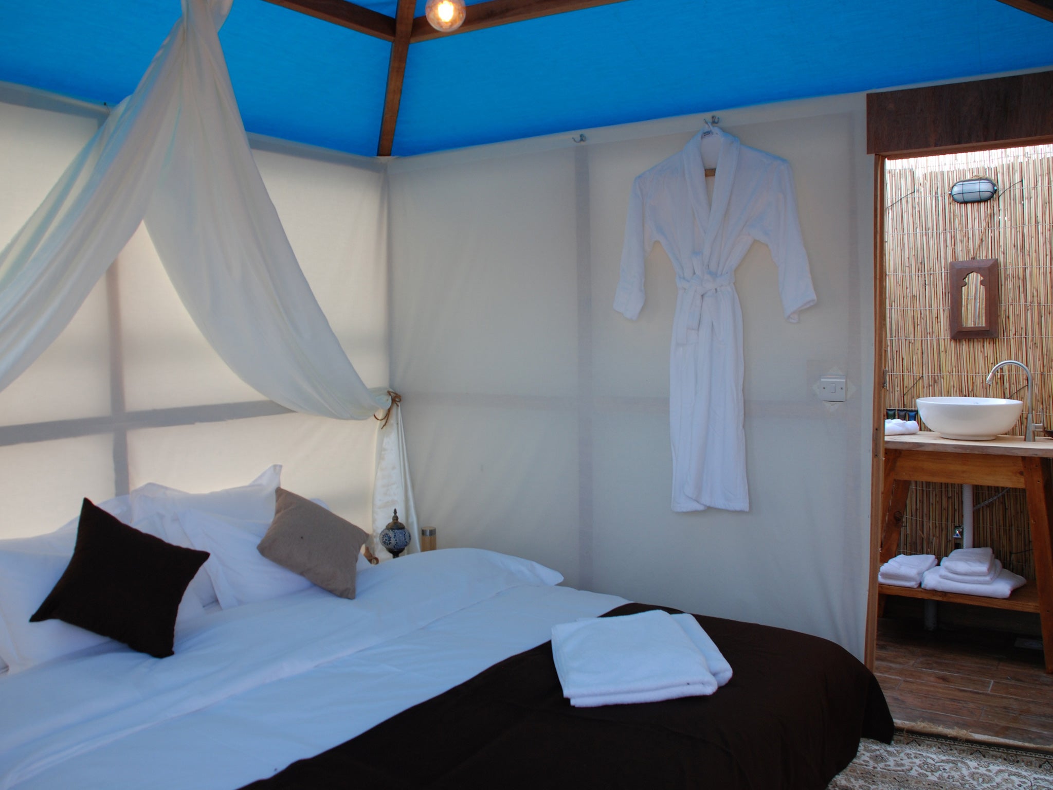 Inside, the cabins have a few luxurious touches and Bedouin influences