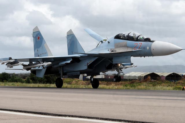 A Russian Sukhoi Su-35 bomber at the Hmeimim military base in Latakia province, north-west Syria