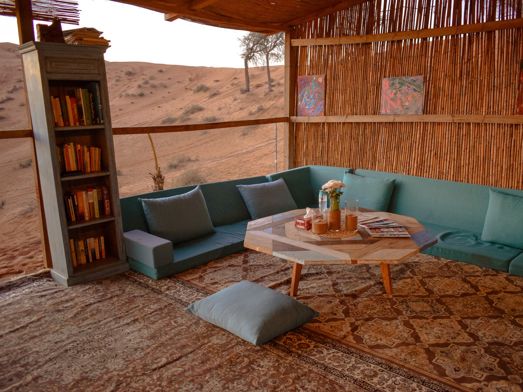 The set-up is designed for rest and relaxation, with books and magazines for guests to read between activities