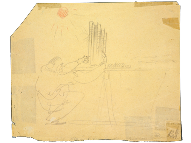 Sergius Ruegenberg's sketch of Mies van der Rohe designing his glass tower, with a burning sun high in the sky