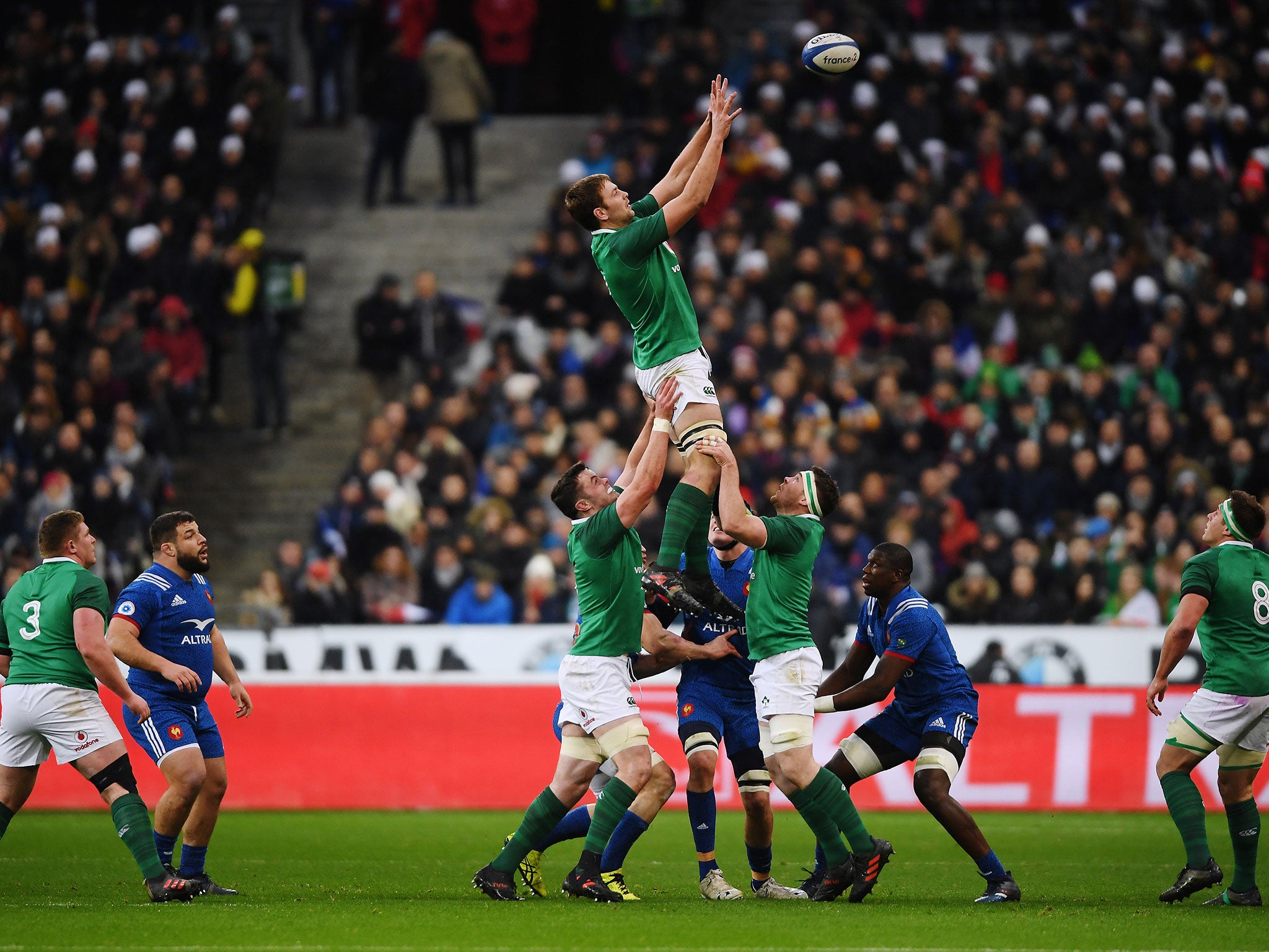 Iain Henderson claims the ball at an Irish line-out