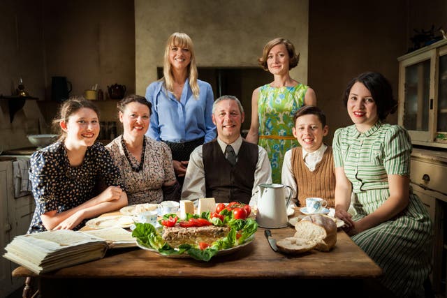 Hunger games: Sarah Cox (left, standing) and Polly Russell journey into the past with the Ellis family from Bradford