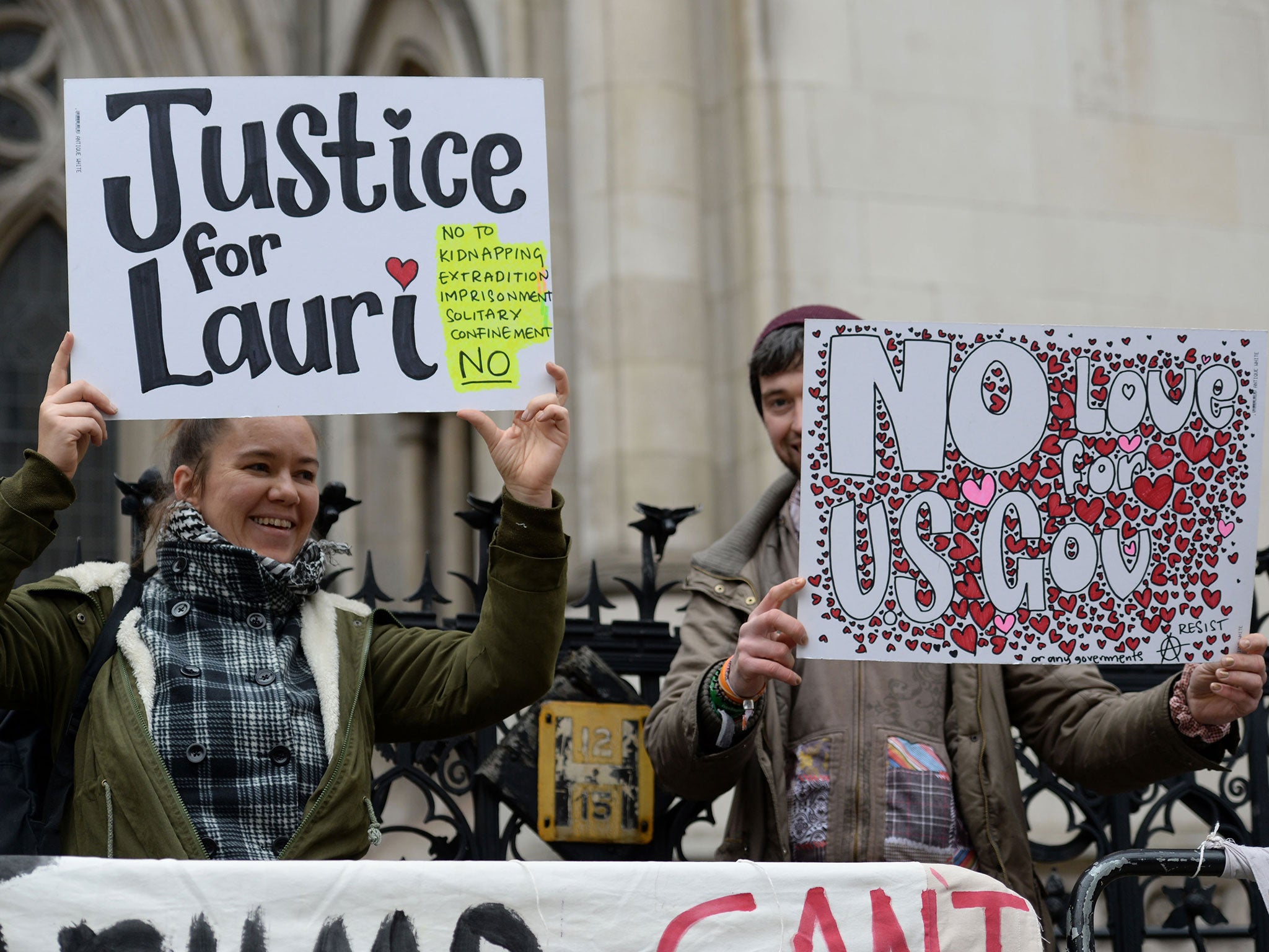 Supporters of Lauri Love outside the Royal Courts of Justice in London