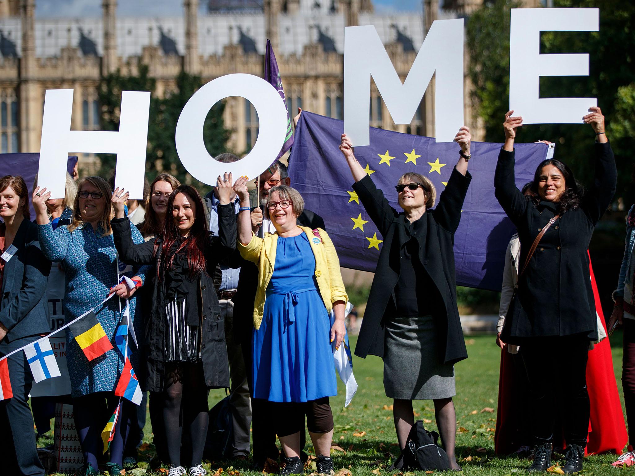 Demonstrators lobby MPs to guarantee the rights of EU citizens in the UK after Brexit during a protest outside the Houses of Parliament in September 2017