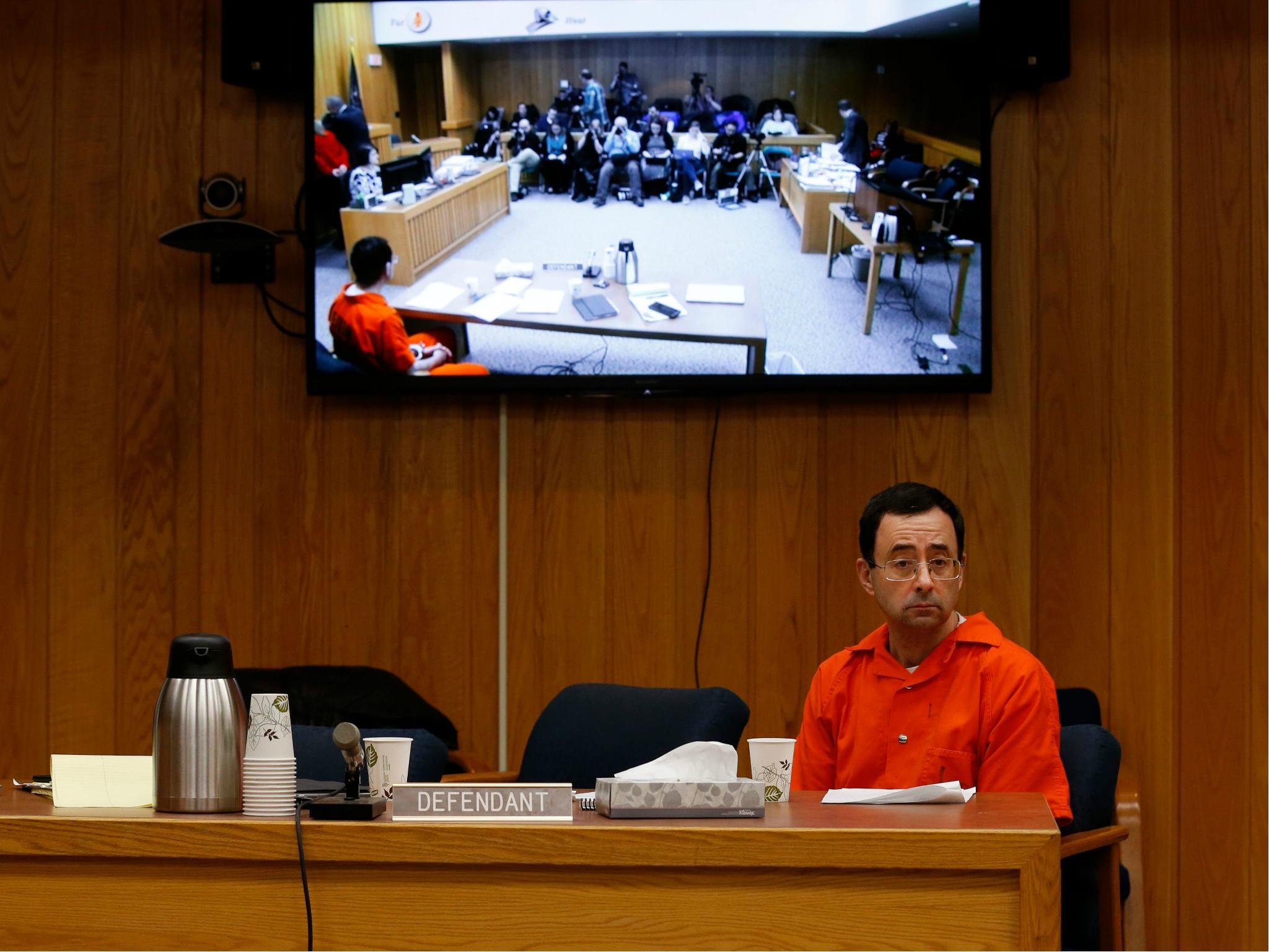 Former Michigan State University and USA Gymnastics doctor Larry Nassar listens during the sentencing phase in Eaton, County Circuit Court on 31 January 2018