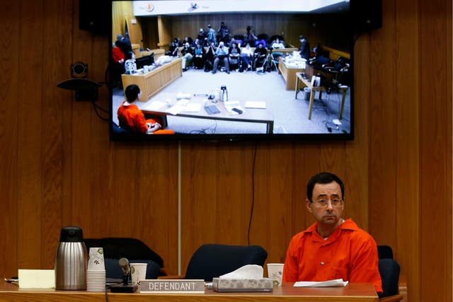 Former Michigan State University and USA Gymnastics doctor Larry Nassar listens during the sentencing phase in Eaton, County Circuit Court on 31 January 2018