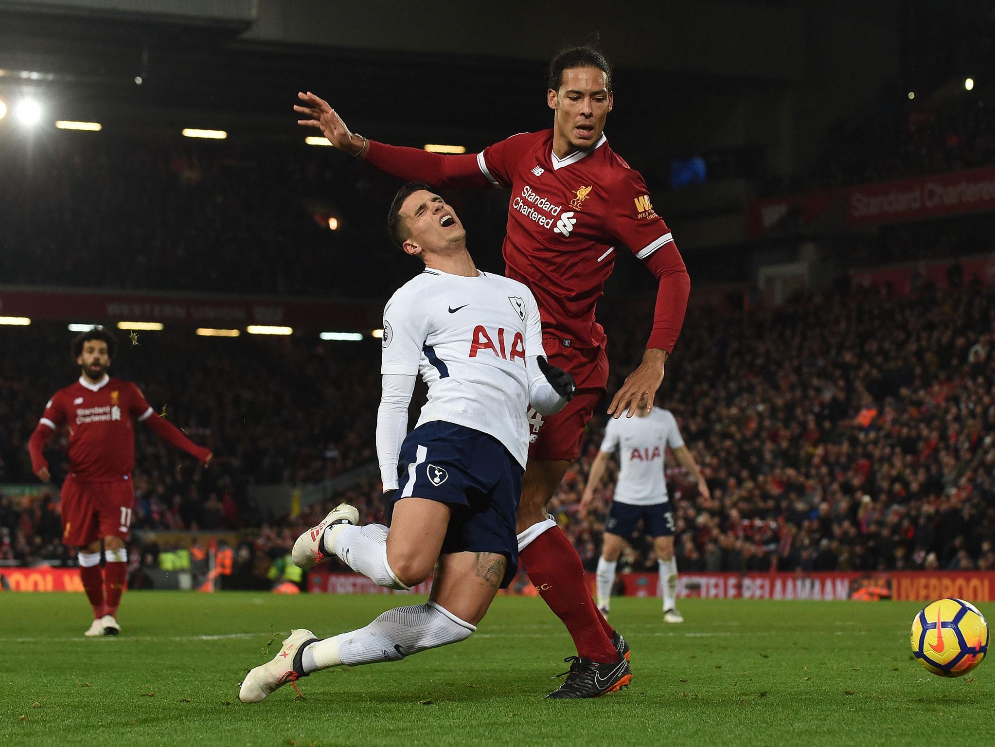 Van Dijk brought down Erik Lamela to concede a late penalty at Anfield