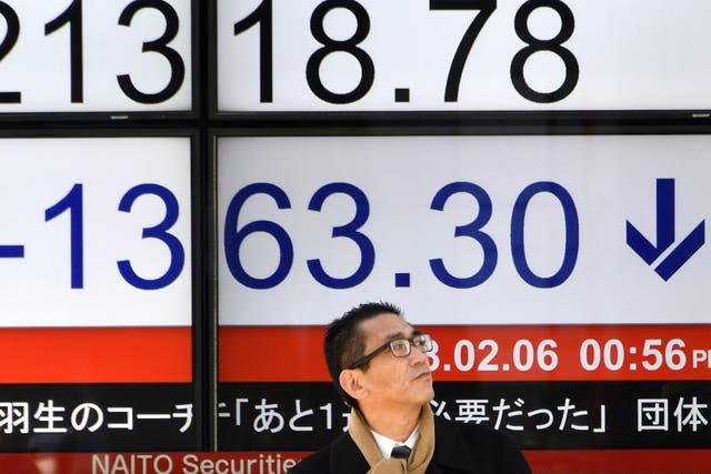 A pedestrian stands in front a stock market indicator board in Tokyo, Japan, 6 February 2018