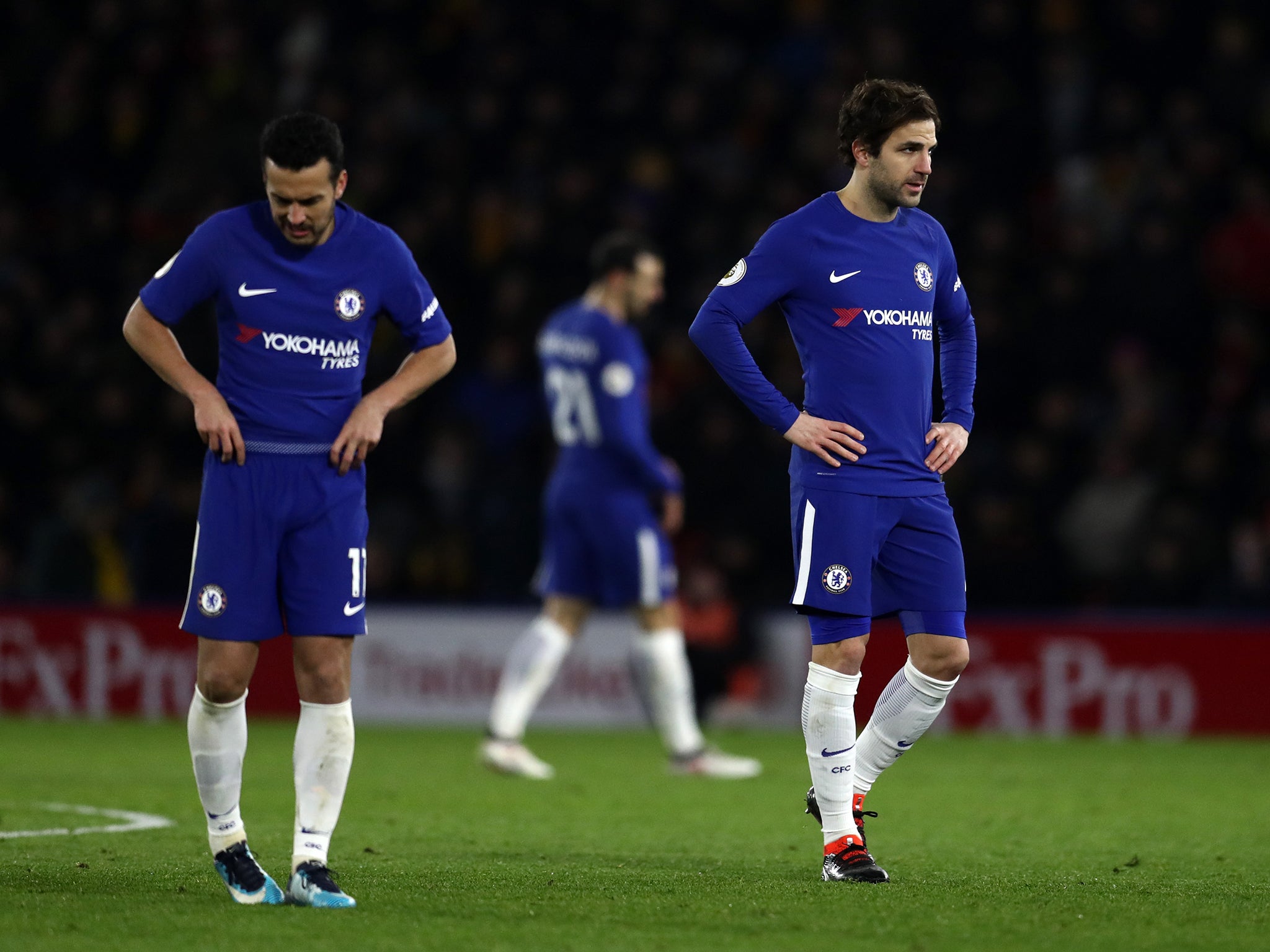 Pedro and Cesc Fabregas react to Chelsea's 4-1 defeat by Watford