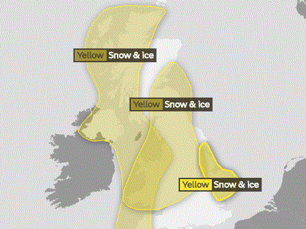 The Met Office has issued yellow weather warnings for snow and ice