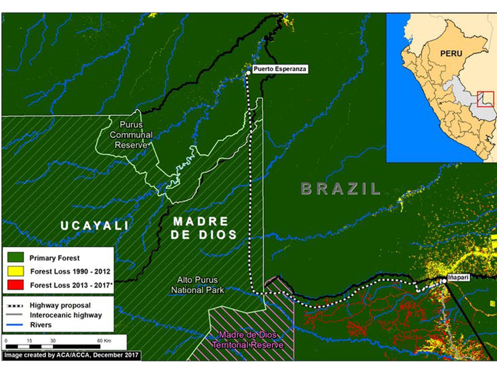 The proposed road crosses primary forest (dark green) inside three protected areas and indigenous reserves, the Madre de Dios Territorial Reserve, the Alto Purus National Park and the Purus Communal Reserve (Monitoring of the Andean Amazon Project)