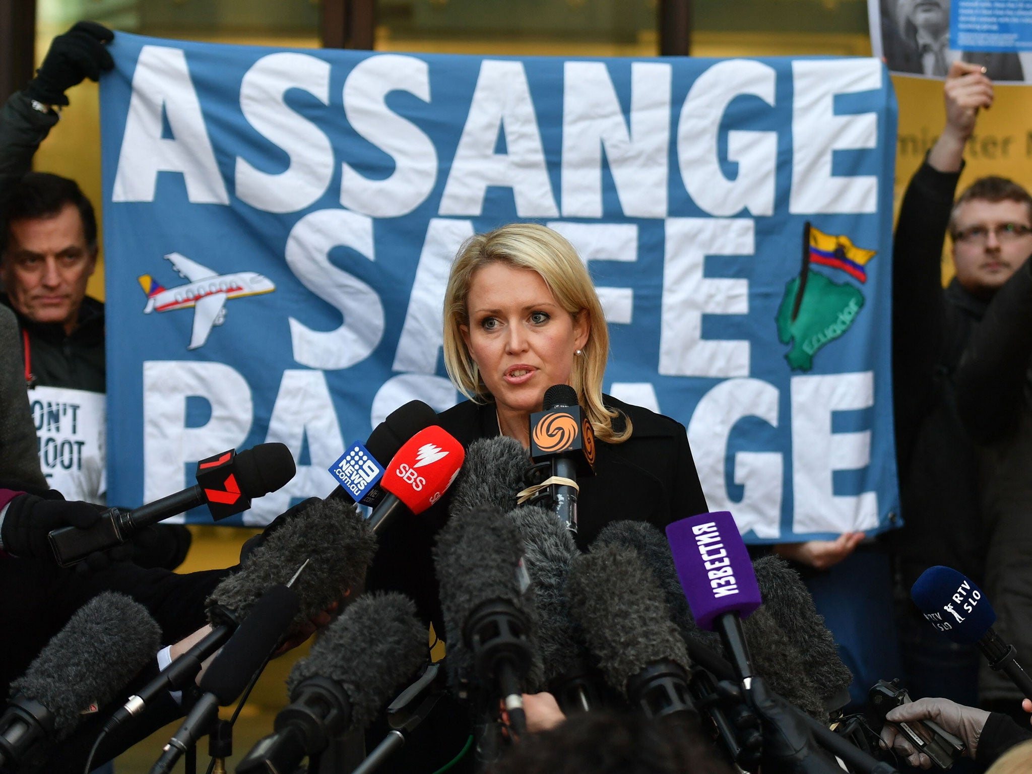 Jennifer Robinson, a lawyer representing Julian Assange, talks outside Westminster Magistrates Court