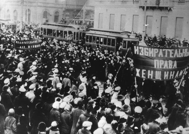 Women demanding the right to vote in a march during the Russian Revolution