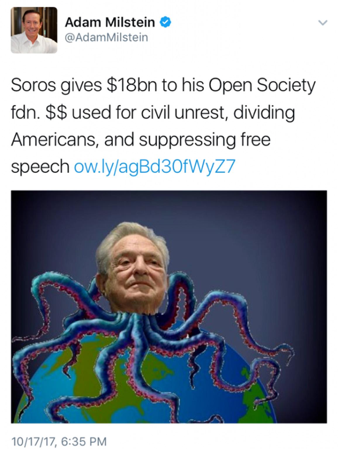 Adam Milstein tweet about Soros