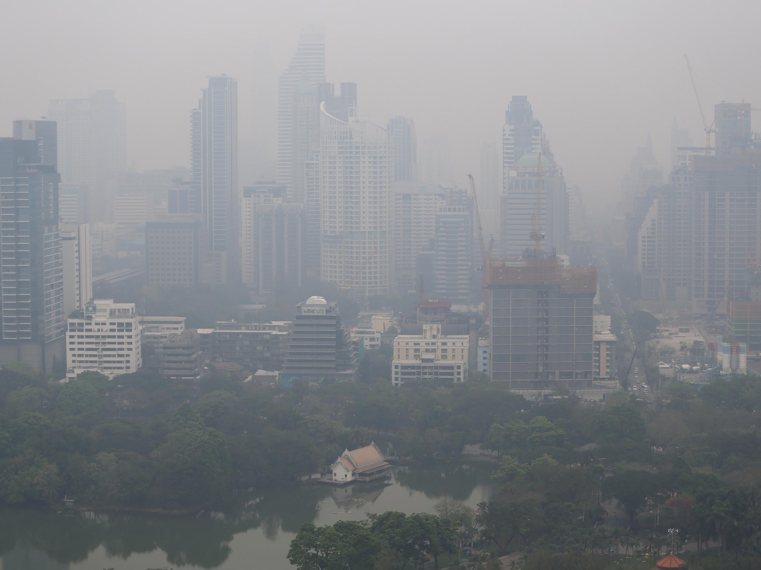 The Bangkok skyline swathed in morning air pollution