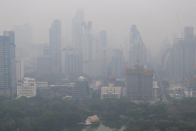 The Bangkok skyline swathed in morning air pollution