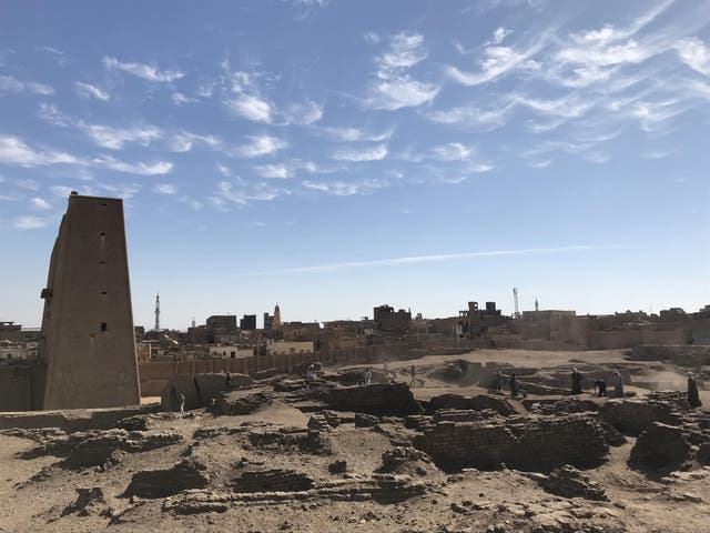 An ancient Egyptian excavation site at Tell Edfu, with the temple of Horus and the modern town of Edfu in the background