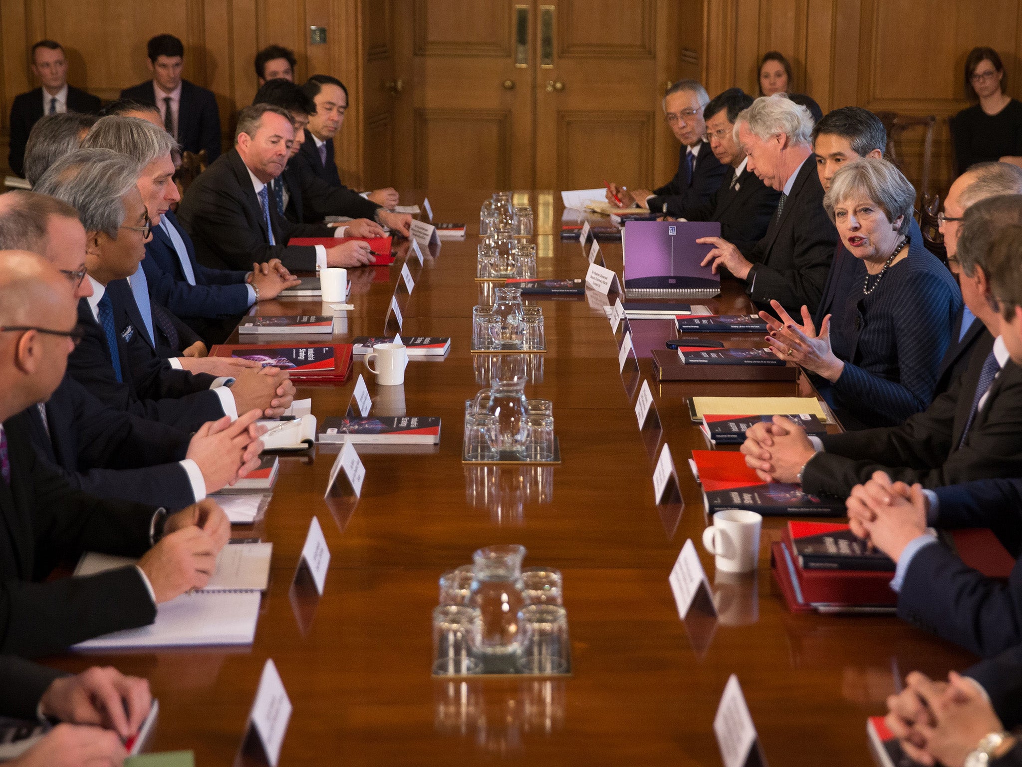 Prime Minister Theresa May speaks as she hosts a roundtable with Japanese investors at 10 Downing Street.