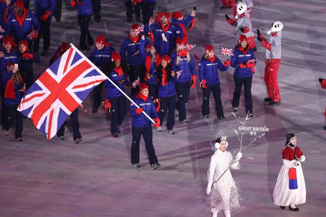 Lizzy Yarnold leads Team GB into the Pyeongchang Olympic Stadium at the Winter Olympics opening ceremony