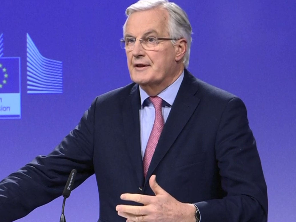 Michel Barnier speaking to reporters in Brussels