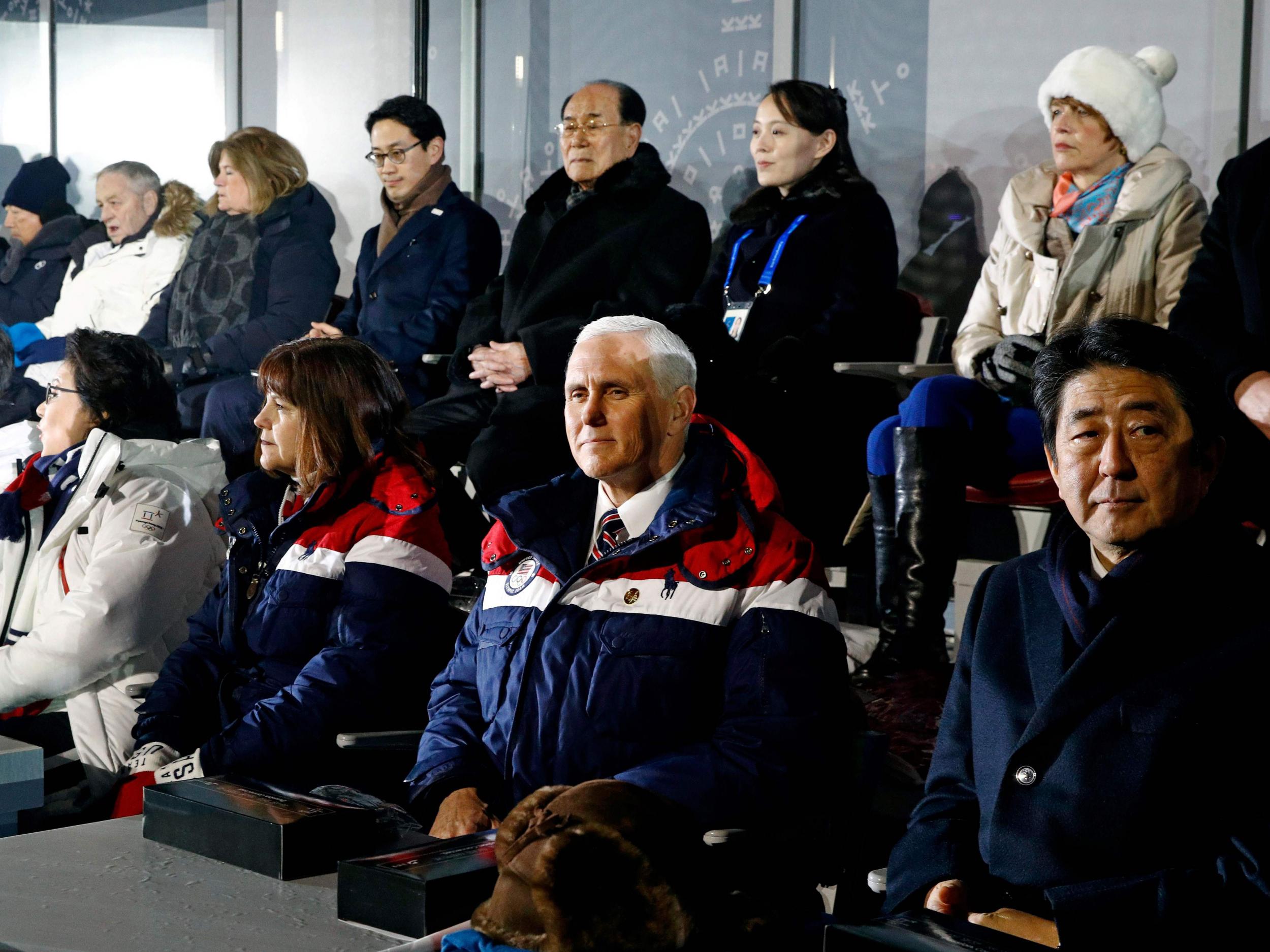 Mike Pence (front 2nd right) sits just feet from Kim Jong-un’s sister Kim Jo-yong (back 2nd right)