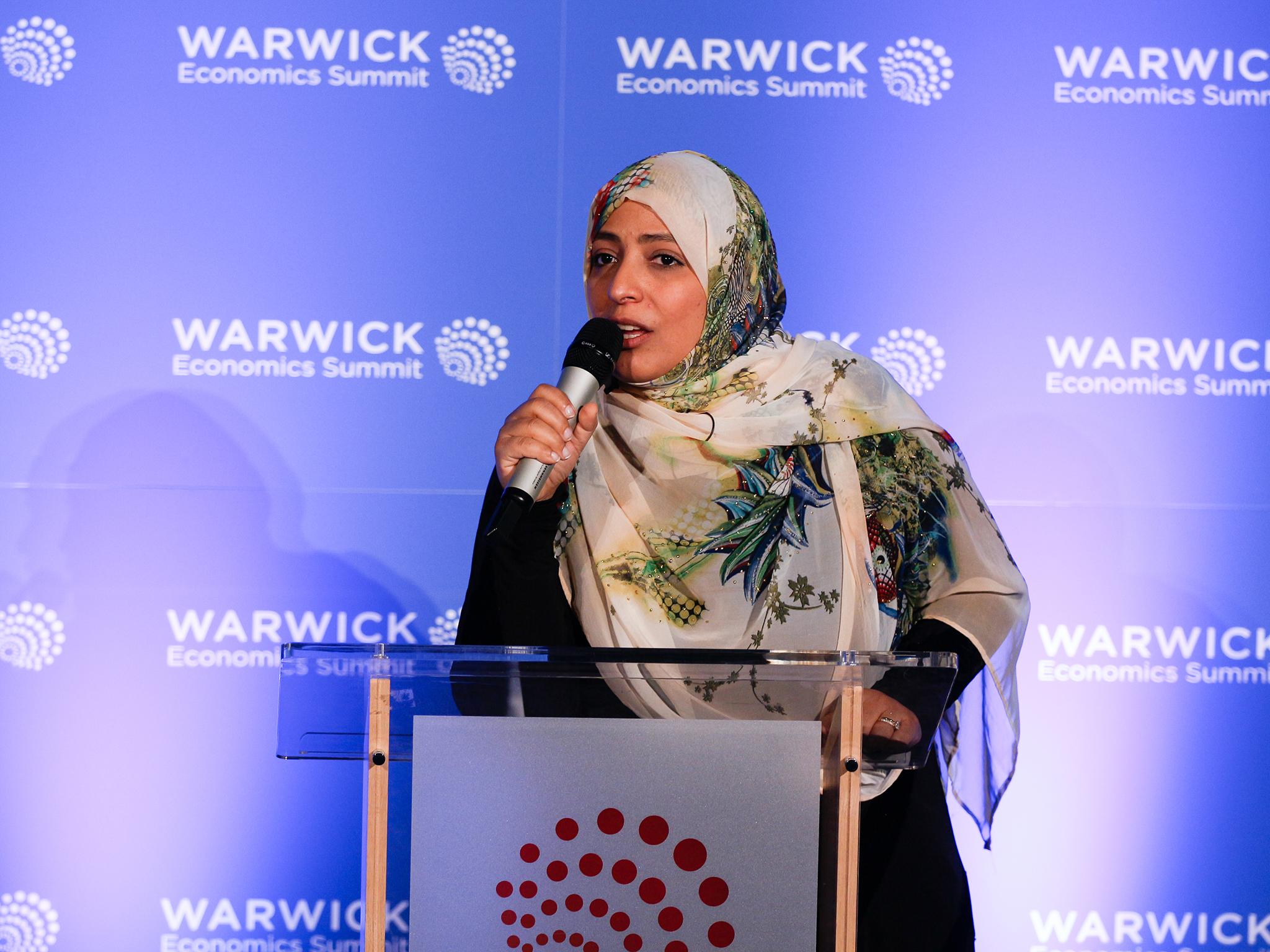 Tawakkol Karman speaking at the Warwick Economics Summit