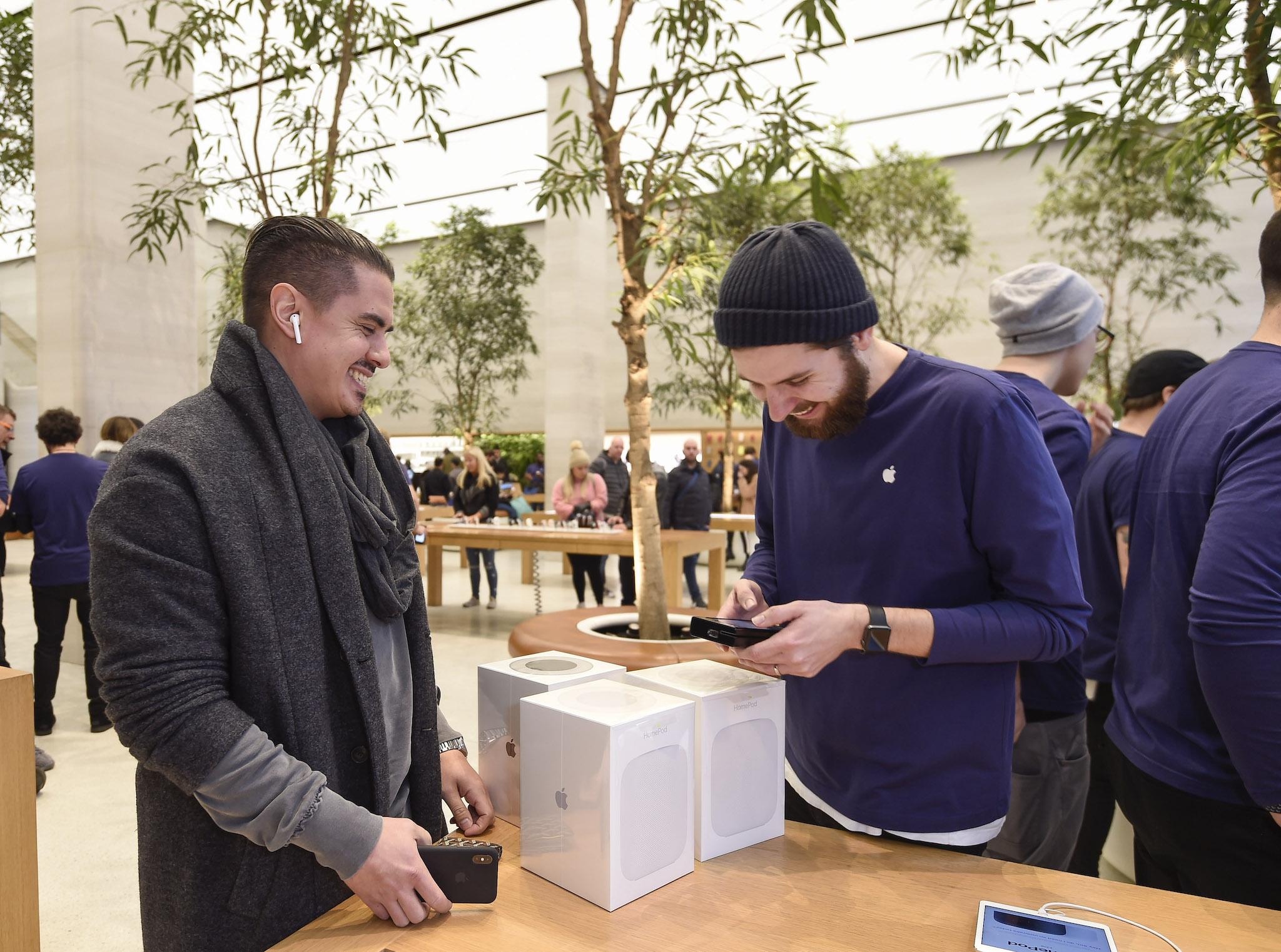 A customer looks at The Apple HomePod, which is now available in stores in the US, UK and Australia, at Apple Store on Regent Street on February 9, 2018 in London, England