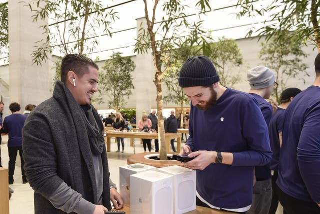 A customer looks at The Apple HomePod, which is now available in stores in the US, UK and Australia, at Apple Store on Regent Street on February 9, 2018 in London, England