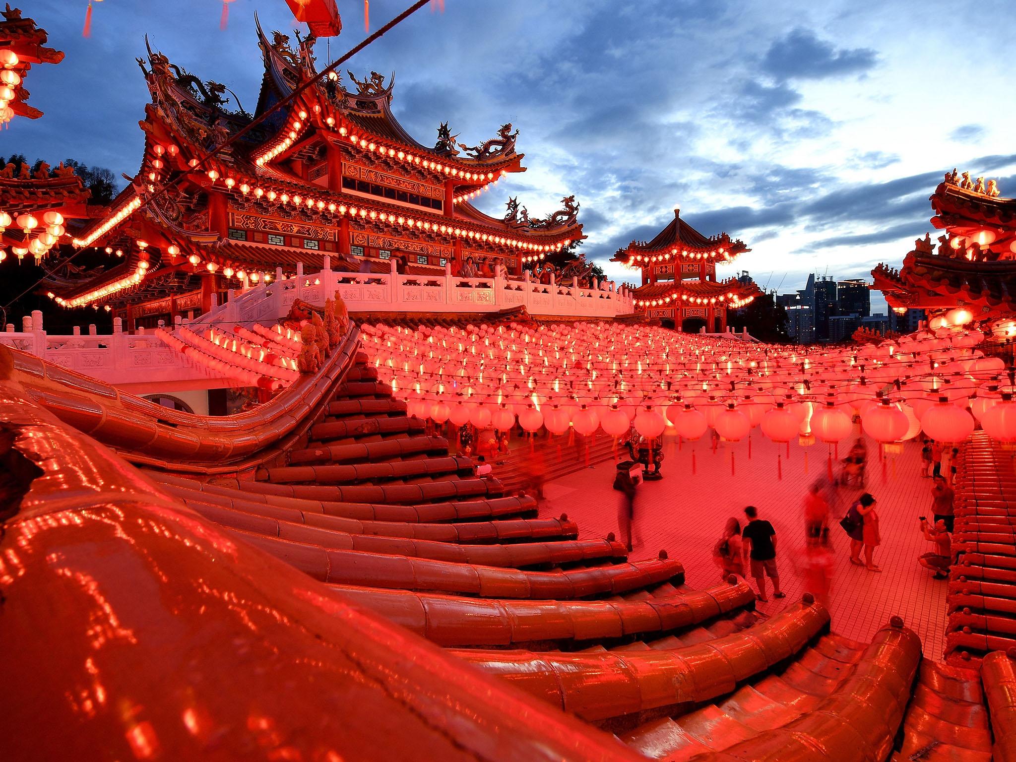 The Thean Hou temple is decorated with red lanterns in Kuala Lumpur, Malaysia, in preparation for the 2017 New Year celebrations