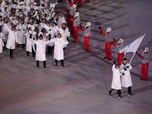 Korean athletes walking together with the unification flag. The stunt came shortly afterwards leading some to suspect it was politically motivated
