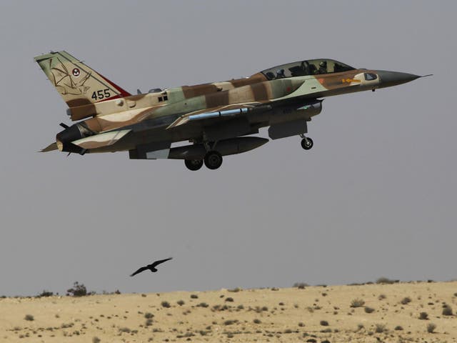 An Israeli F-16 fighter jet takes off from Ramon air base in southern Israel during routine training