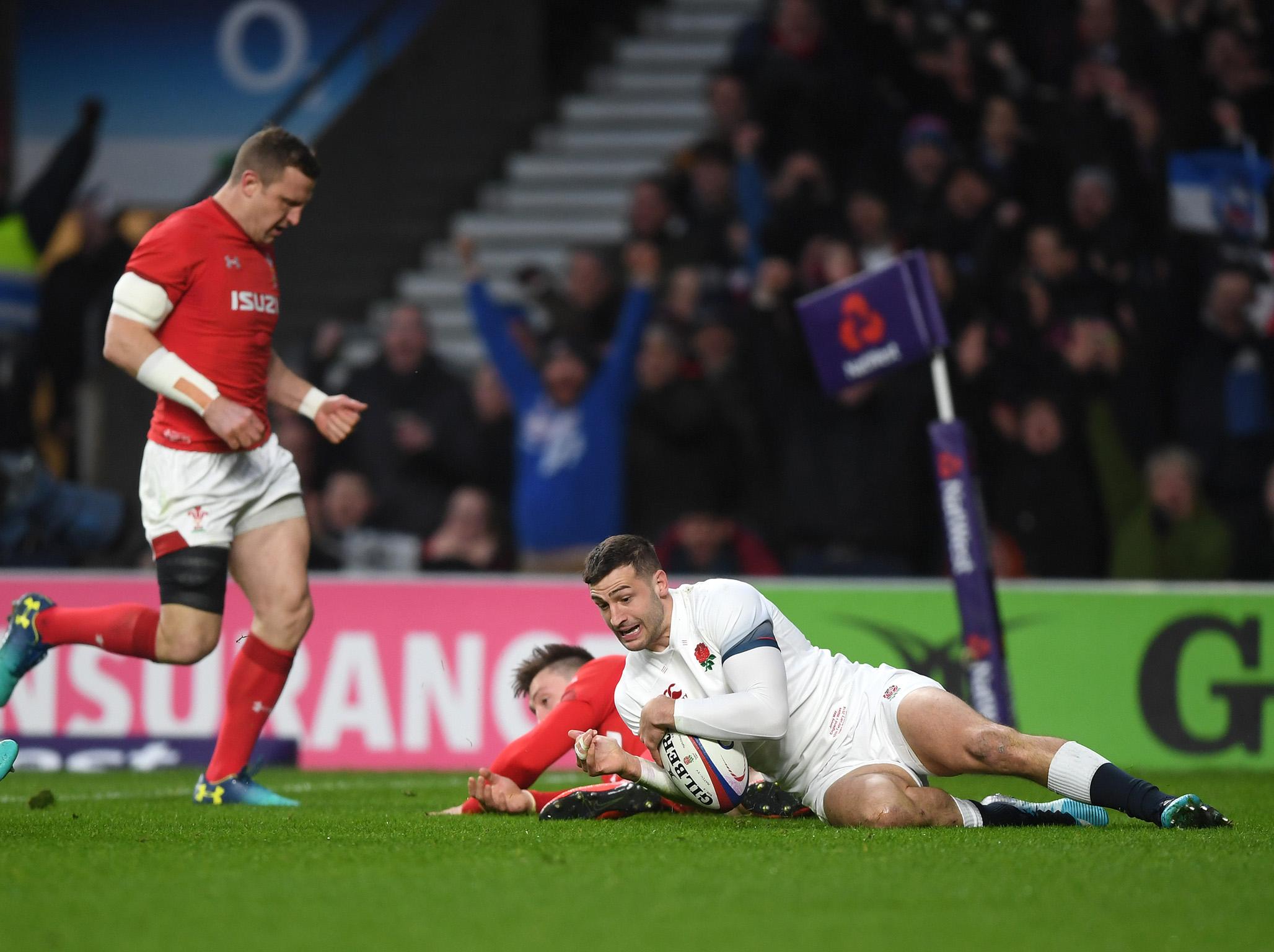 Jonny May scores England's opening try at Twickenham