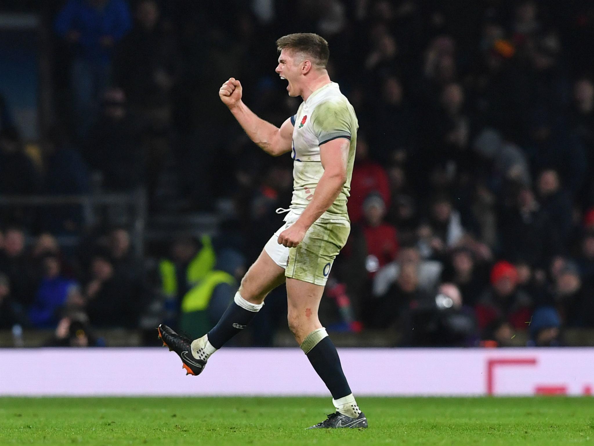 Owen Farrell celebrates England's victory over Wales in the Six Nations