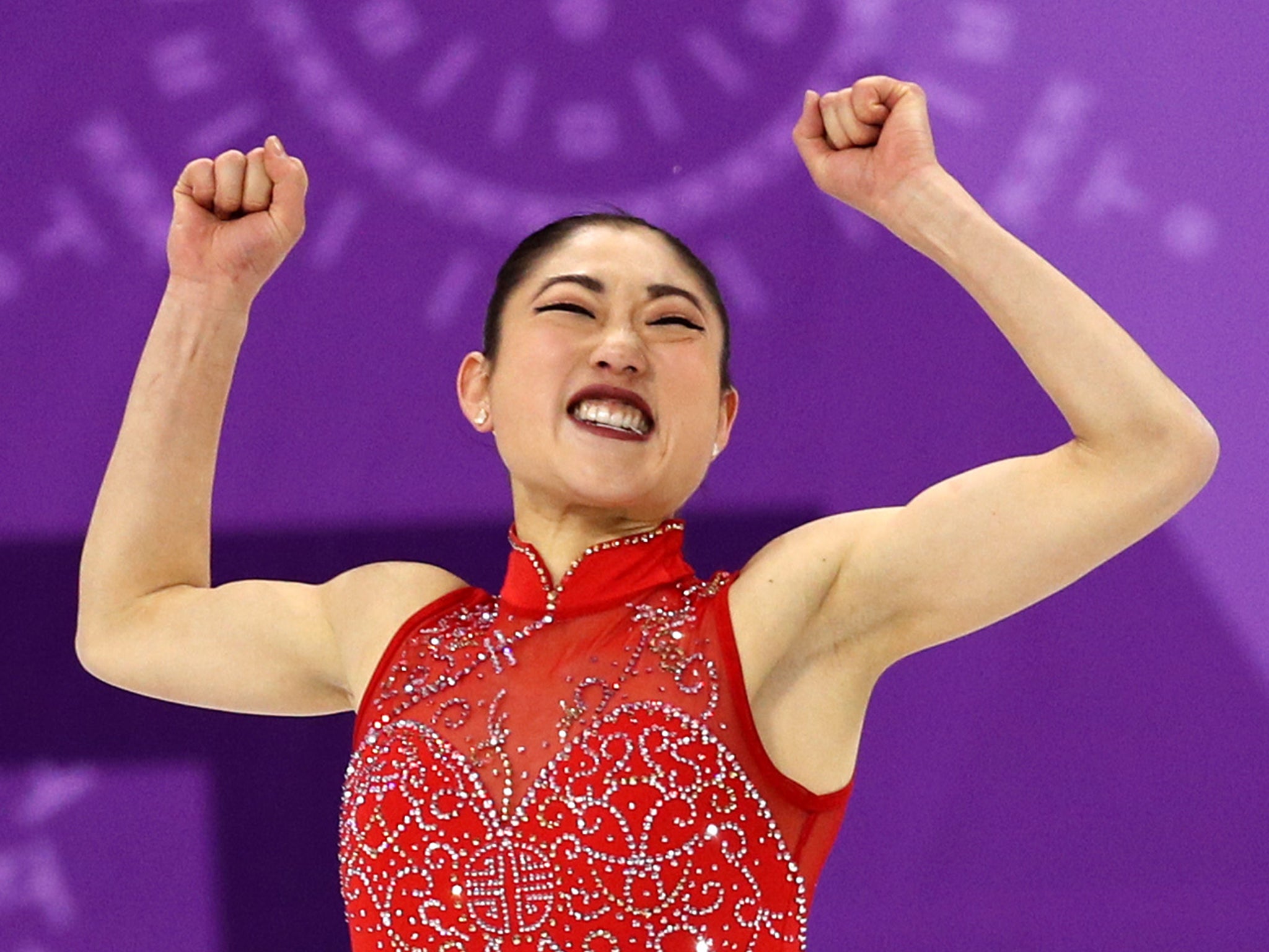 US figure skater Mirai Nagasu celebrates after becoming the first American women to land a triple Axel jump