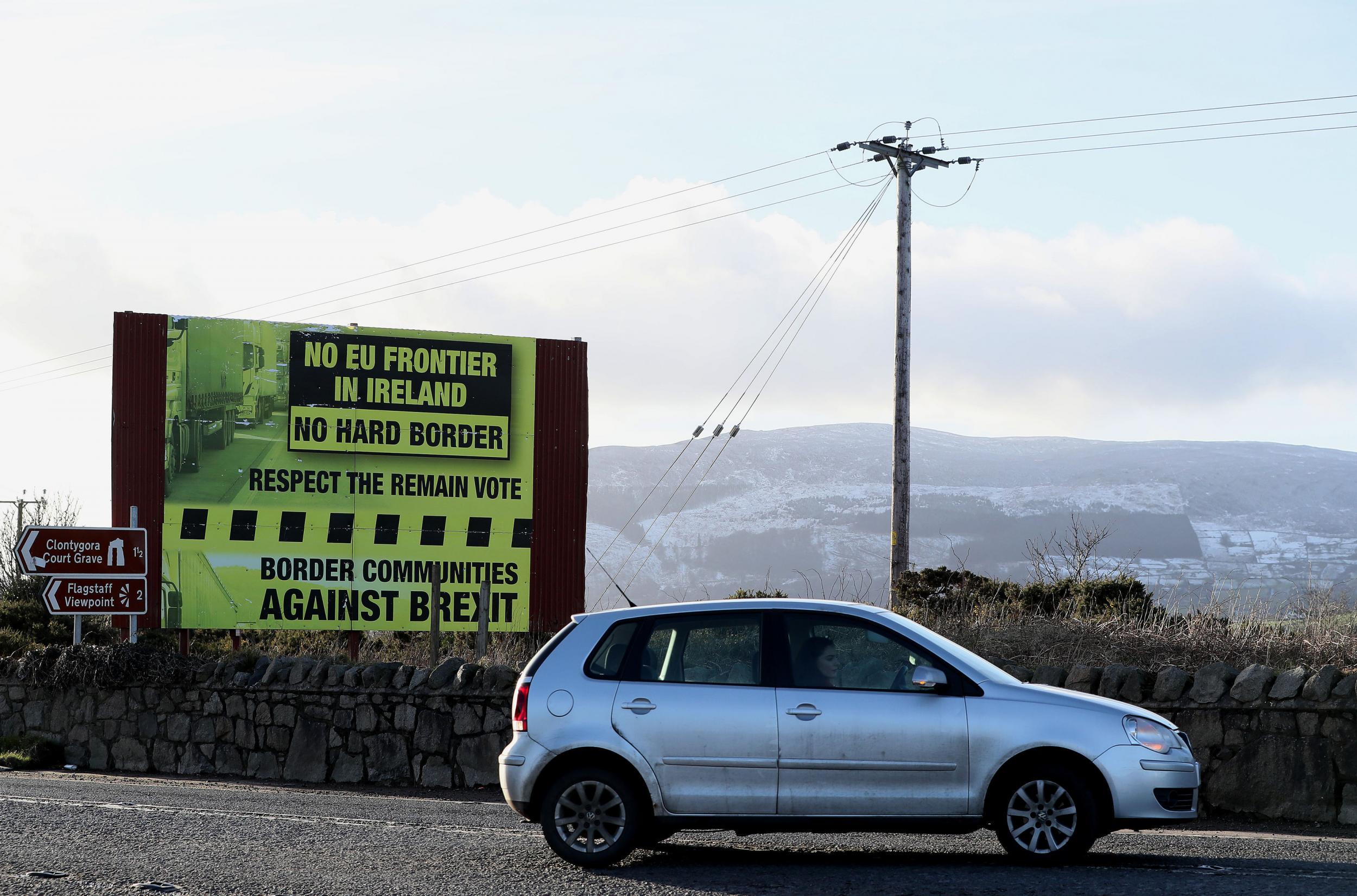 A sign, erected by 'Border Communites Against Brexit',  near the Irish border outside Newry, Co Down