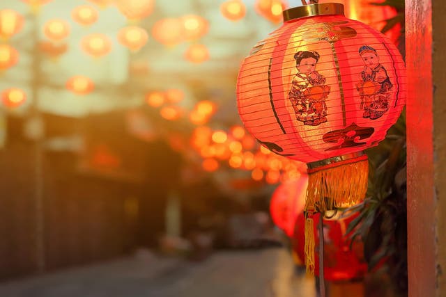 A traditional paper lantern hung for Chinese New Year