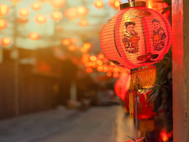 A traditional paper lantern hung for Chinese New Year