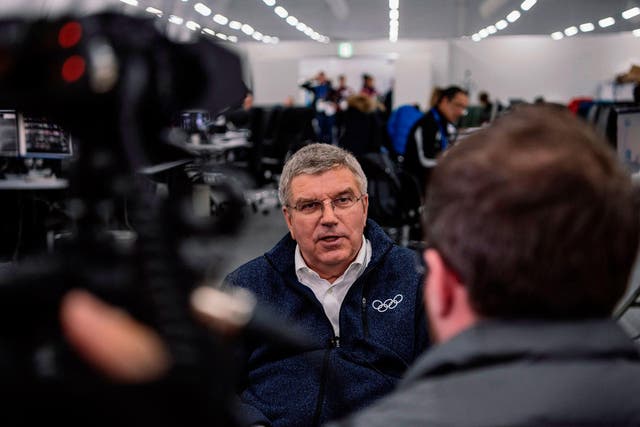 Thomas Bach speaks to the media in Pyeongchang during the Winter Games