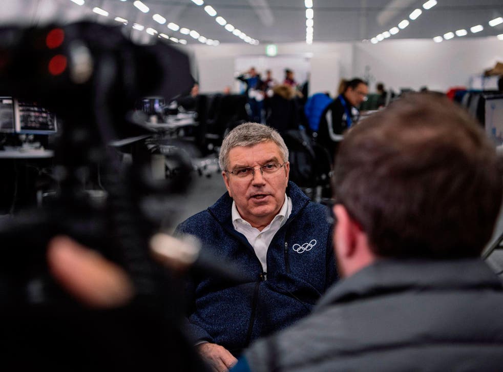 Thomas Bach speaks to the media in Pyeongchang during the Winter Games