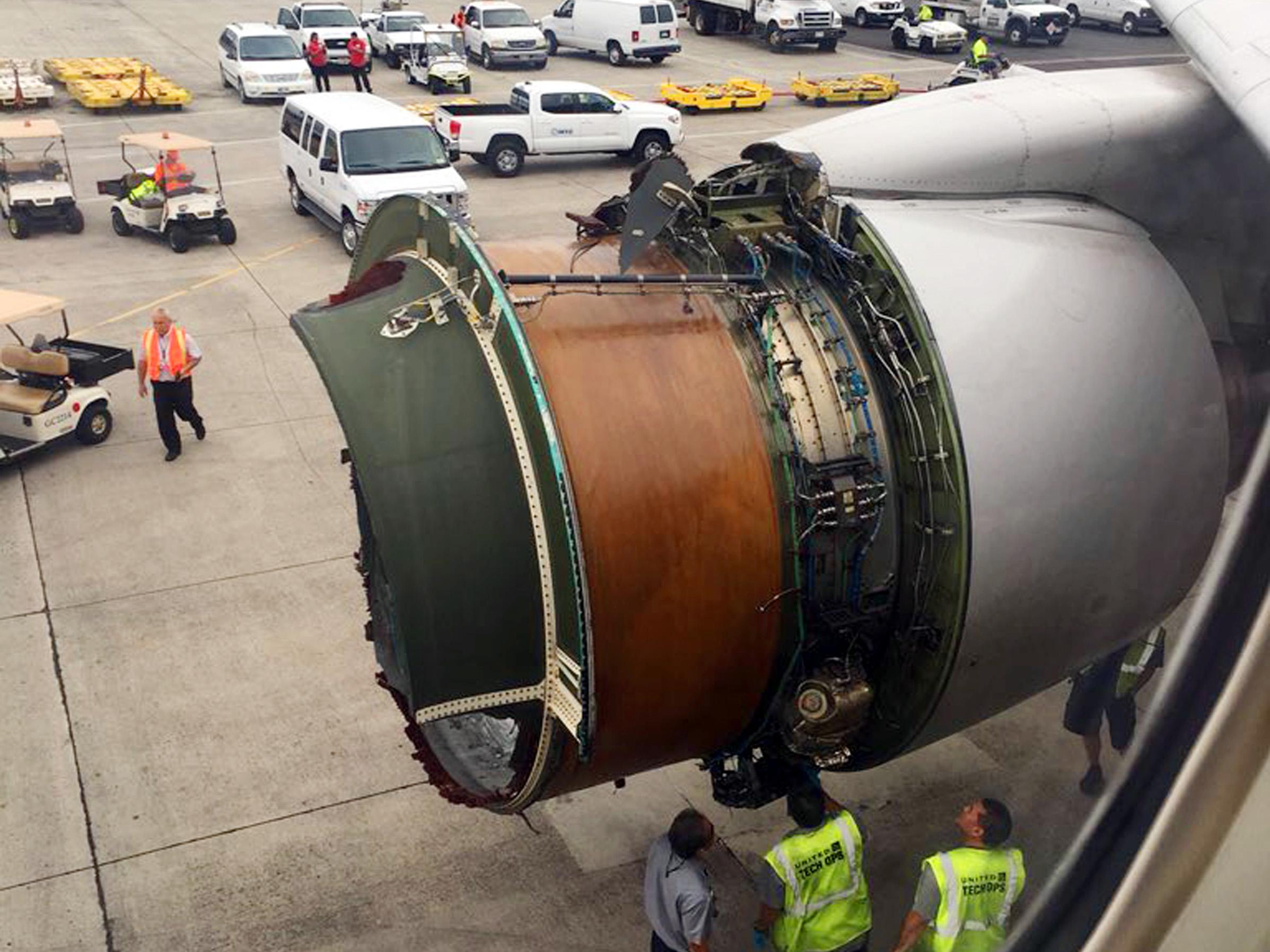 A photo taken by passenger Haley Ebert shows damage to an engine on the United Airlines Boeing 777