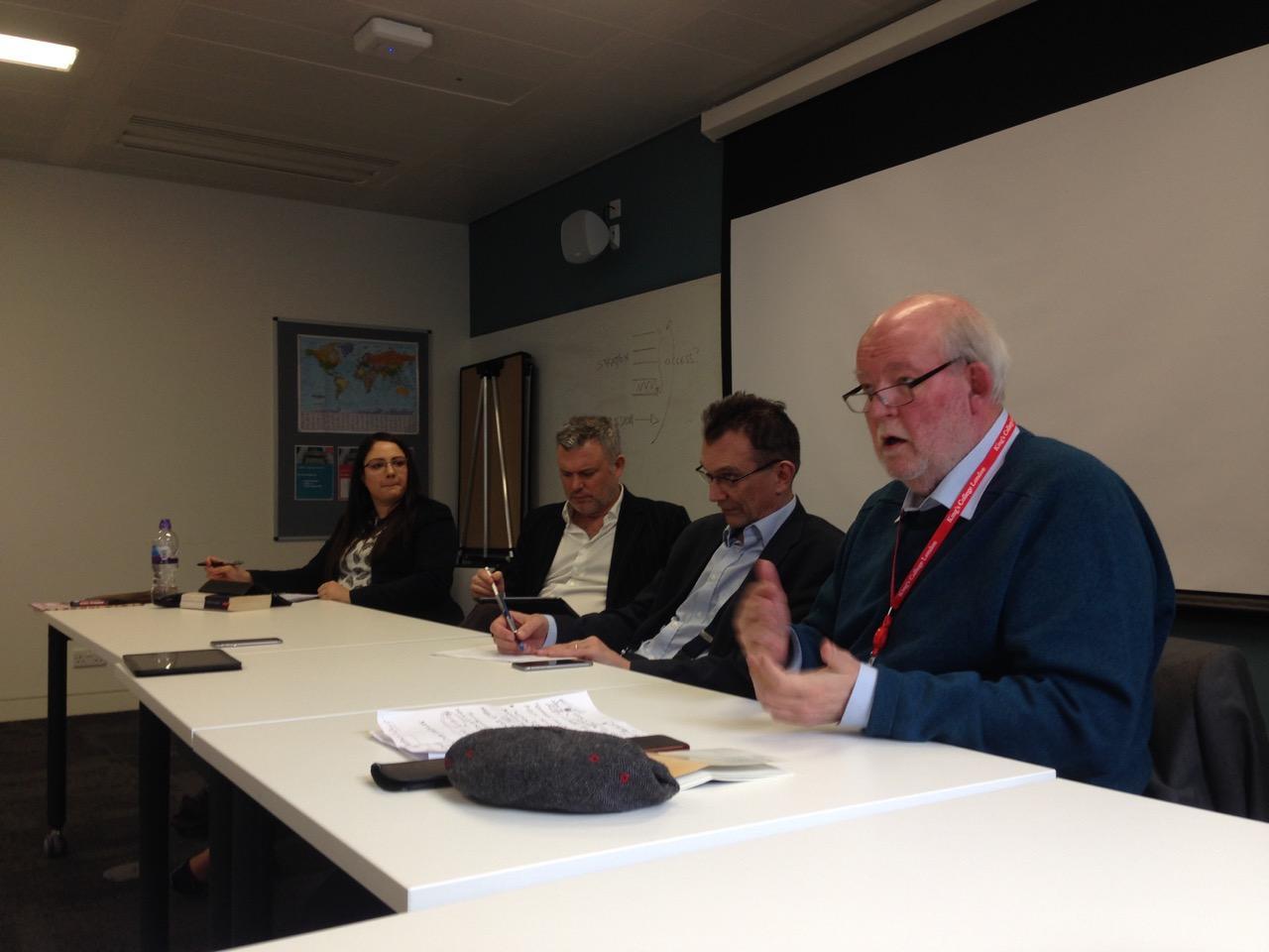 Charles Clarke, right, addressing the ‘Blair Years’ class at King’s College London on Monday, with Michelle Clement, Jon Davis and John Rentoul
