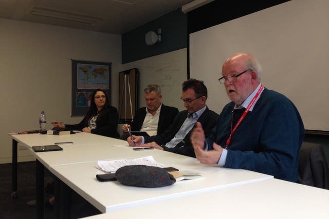 Charles Clarke, right, addressing the ‘Blair Years’ class at King’s College London on Monday, with Michelle Clement, Jon Davis and John Rentoul