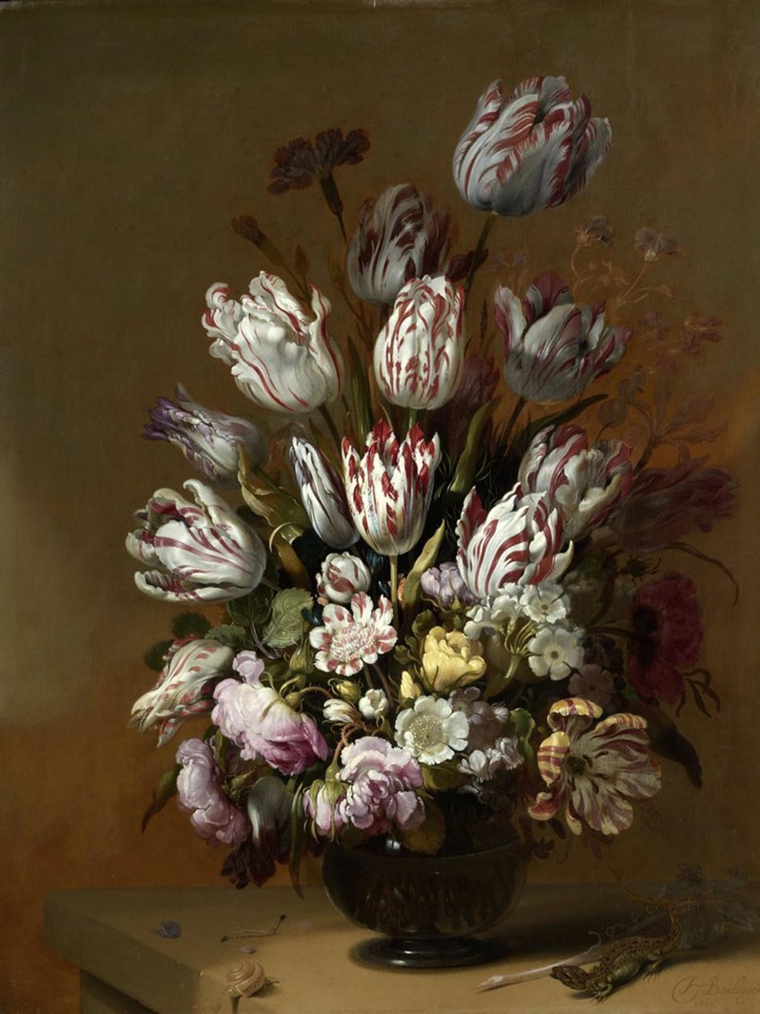 Patterned petals were very valuable. Hans Bollongier, ‘Floral Still Life’, 1639